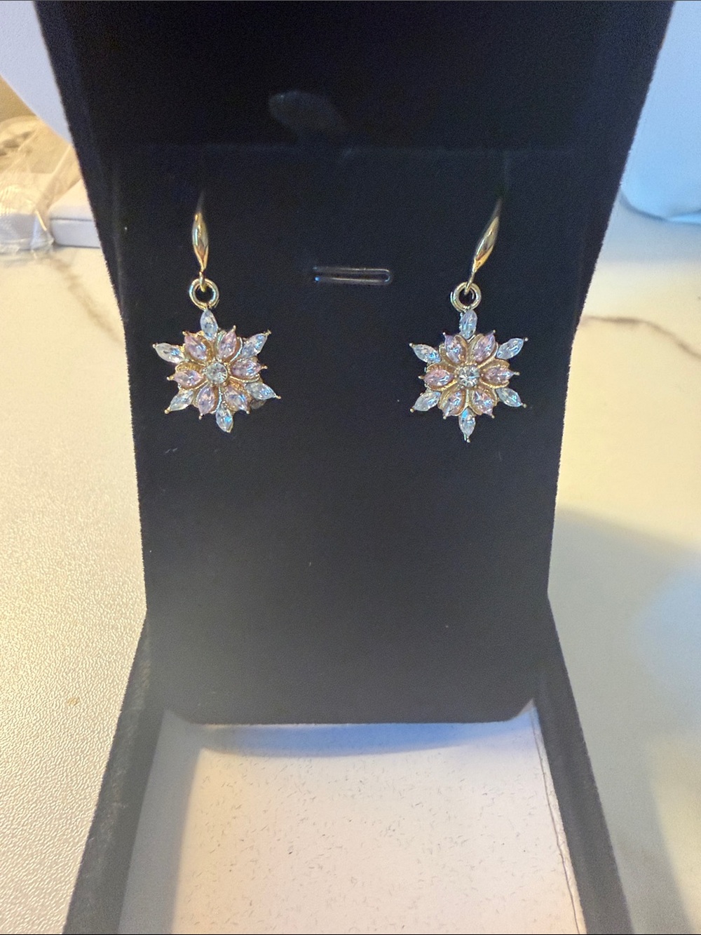Gold-Tone Starburst Crystal Drop Earrings - Sparkling Pink Accent